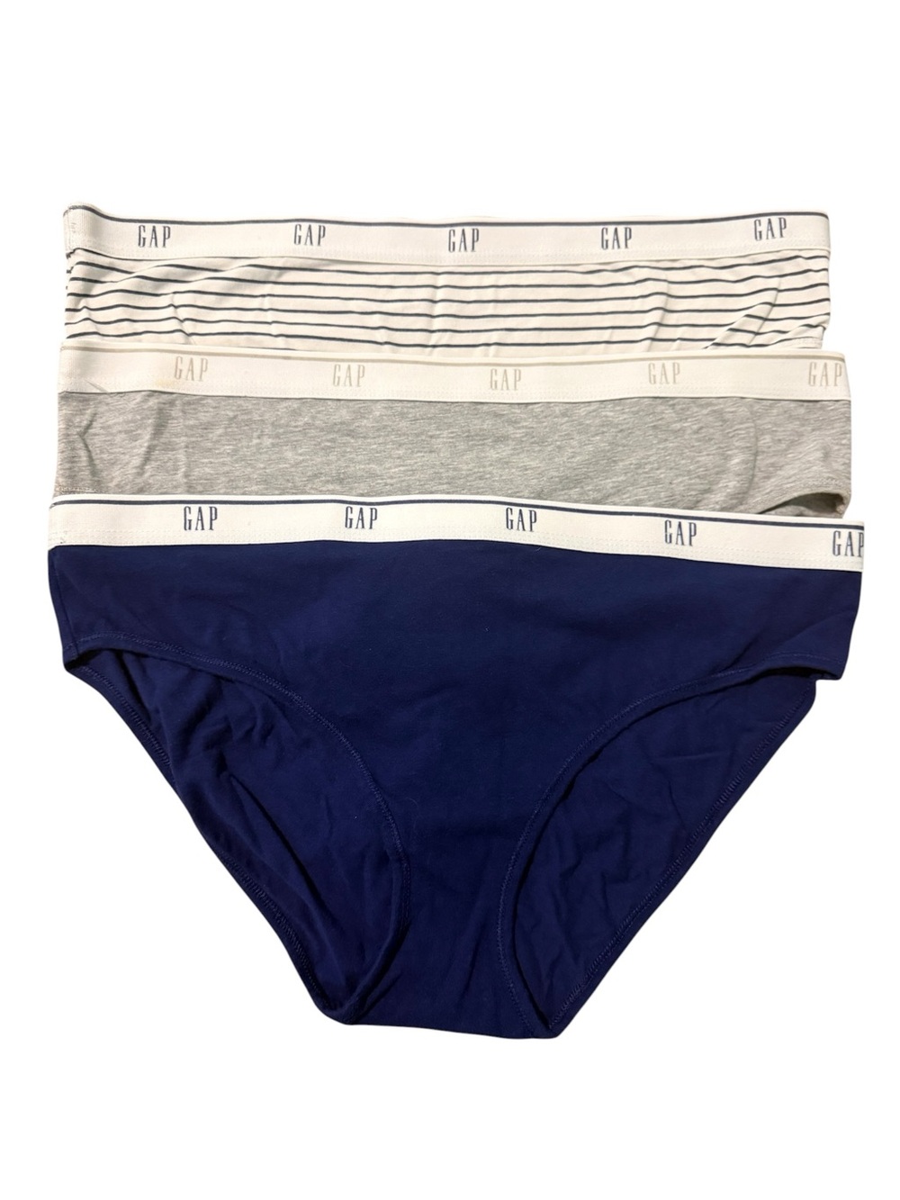 GAP Women’s Bikini Panties Size Large Lot of 3 Navy Gray Stripe